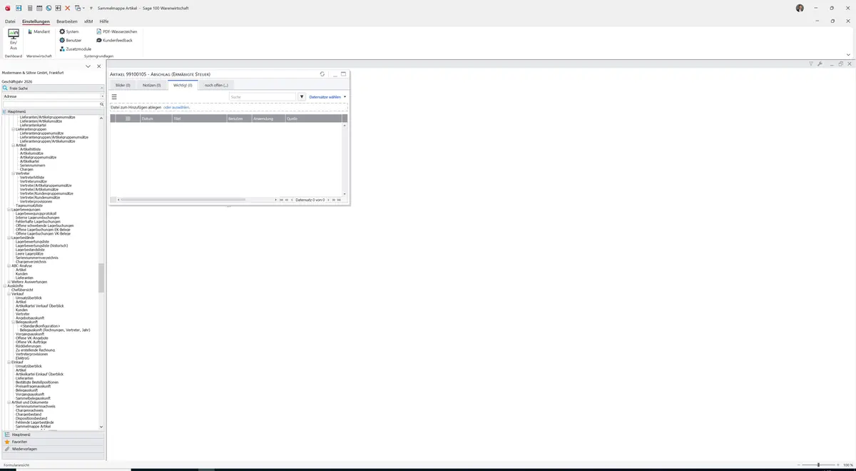 Sage 100 9.0.5.11 Sammelmappe Artikel: Register Wichtig!