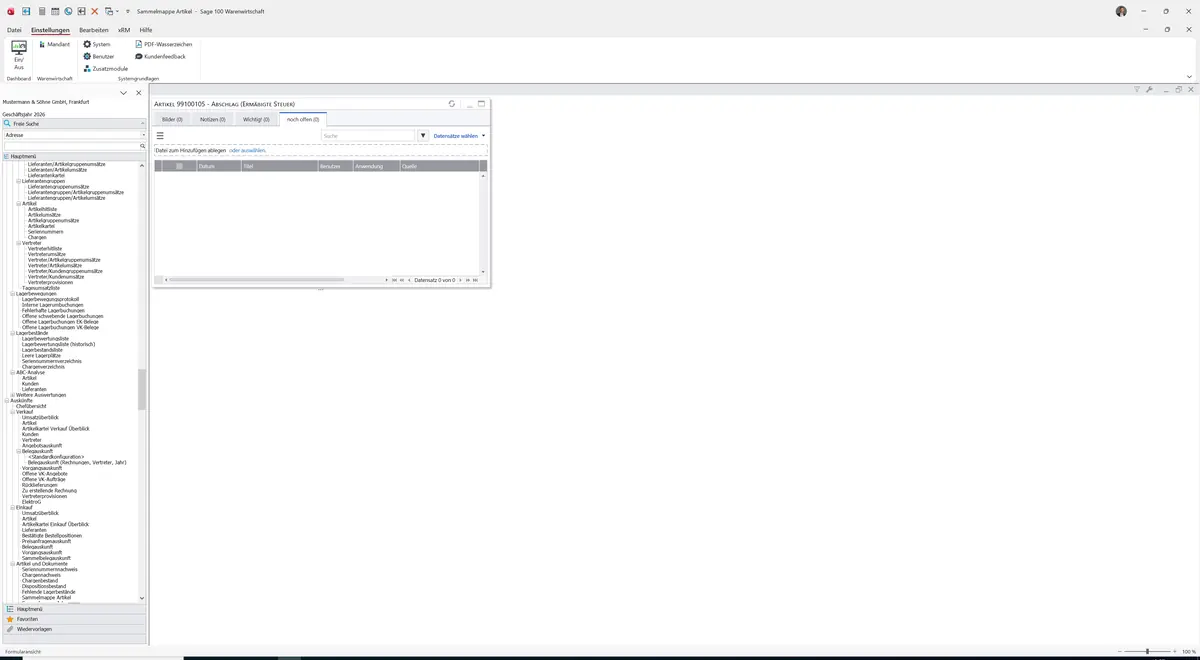 Sage 100 9.0.5.11 Sammelmappe Artikel: Register noch offen