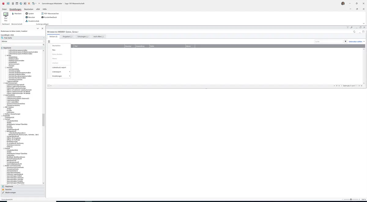 Sage 100 9.0.5.11 Sammelmappe Mitarbeiter: Datenklassenmenü