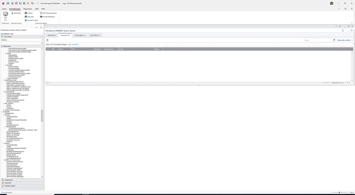 Sage 100 9.0.5.11 Sammelmappe Mitarbeiter: Register Zeugnisse