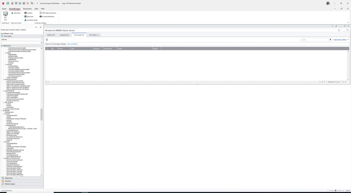 Sage 100 9.0.5.11 Sammelmappe Mitarbeiter: Register Schulungen