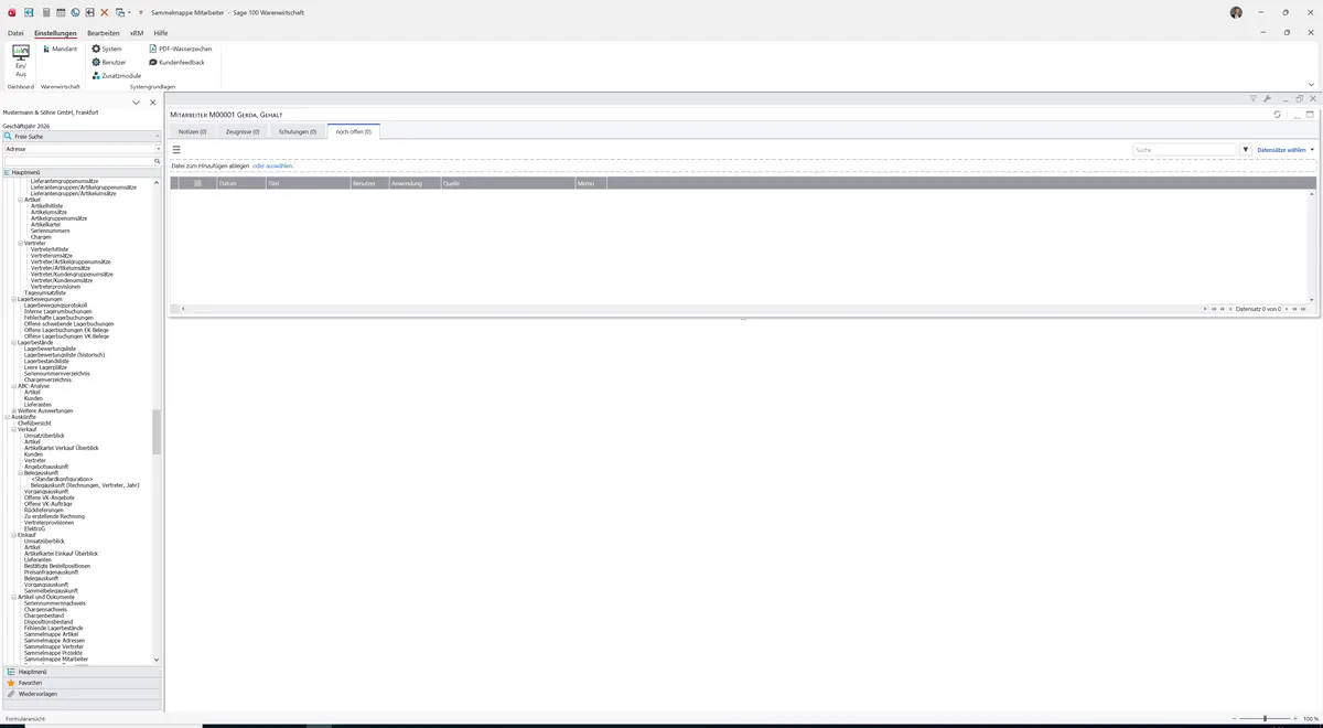 Sage 100 9.0.5.11 Sammelmappe Mitarbeiter: Register noch offen