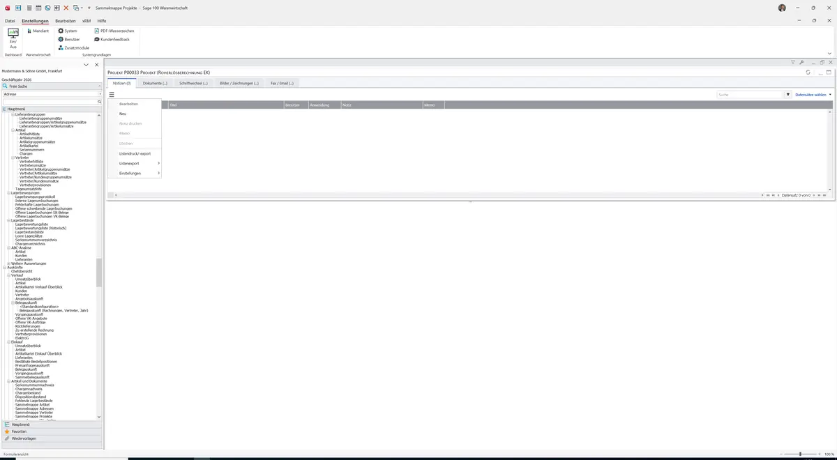 Sage 100 9.0.5.11 Sammelmappe Projekt: Datenklassenmenü