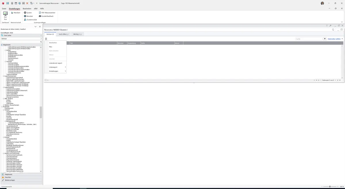 Sage 100 9.0.5.11 Sammelmappe Ressourcen: Datenklassenmenü