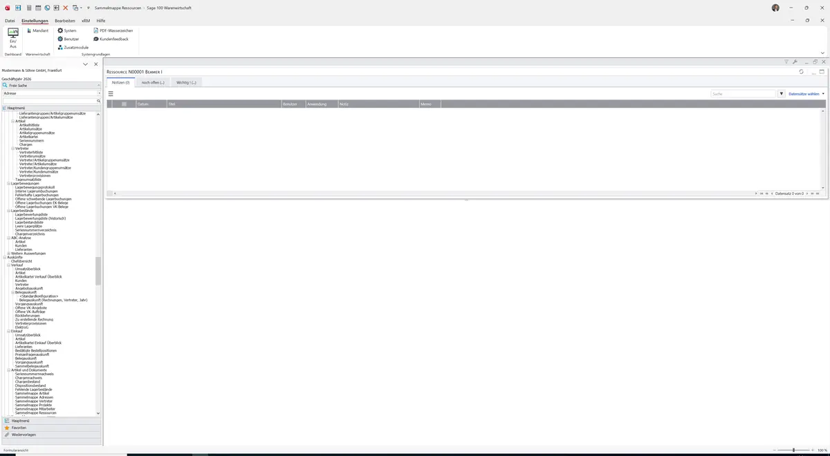 Sage 100 9.0.5.11 Sammelmappe Ressourcen: Register Notizen