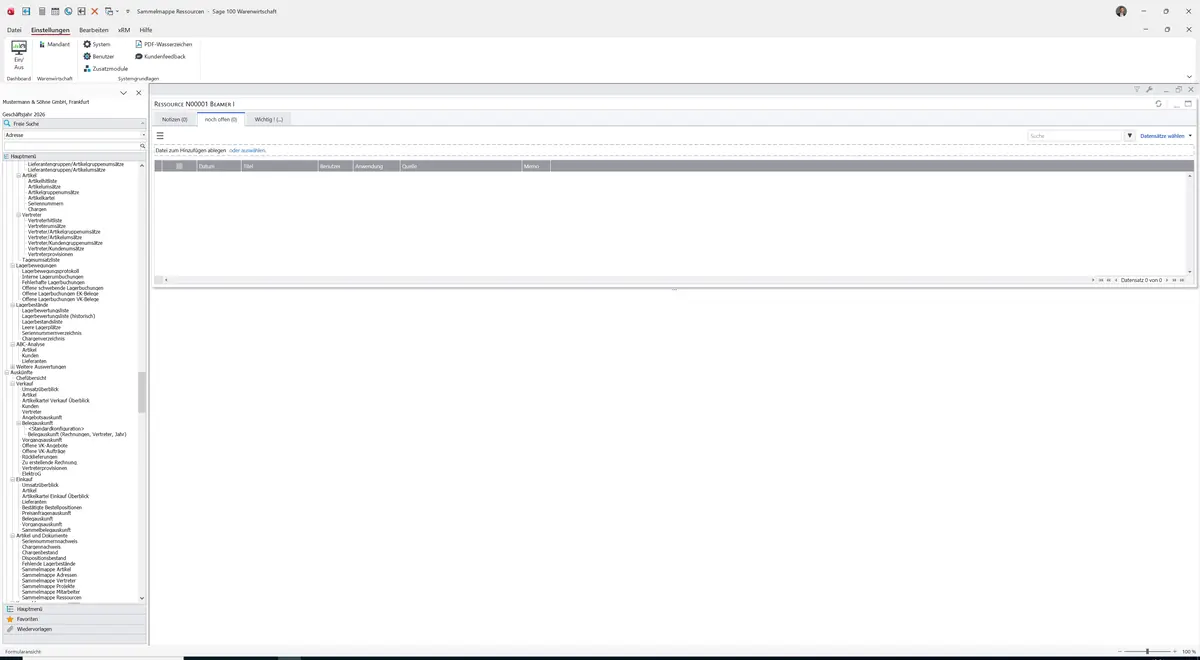 Sage 100 9.0.5.11 Sammelmappe Ressourcen: Register noch offen