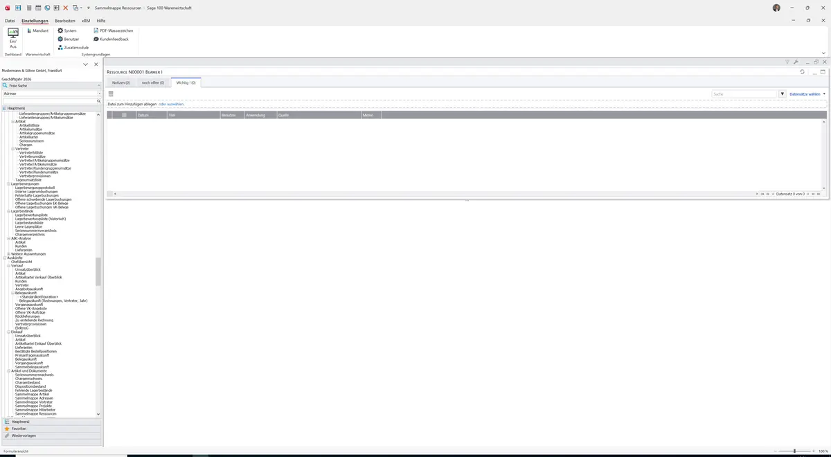 Sage 100 9.0.5.11 Sammelmappe Ressourcen: Register Wichtig !