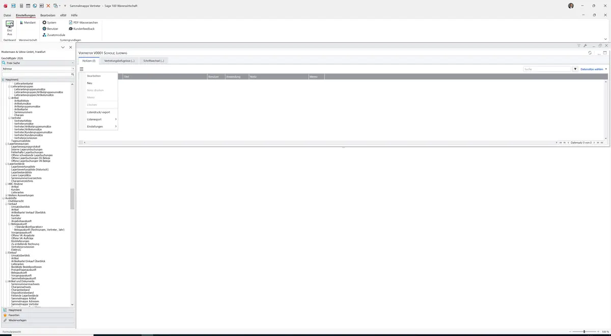 Sage 100 9.0.5.11 Sammelmappe Vertreter: Datenklassenmenü