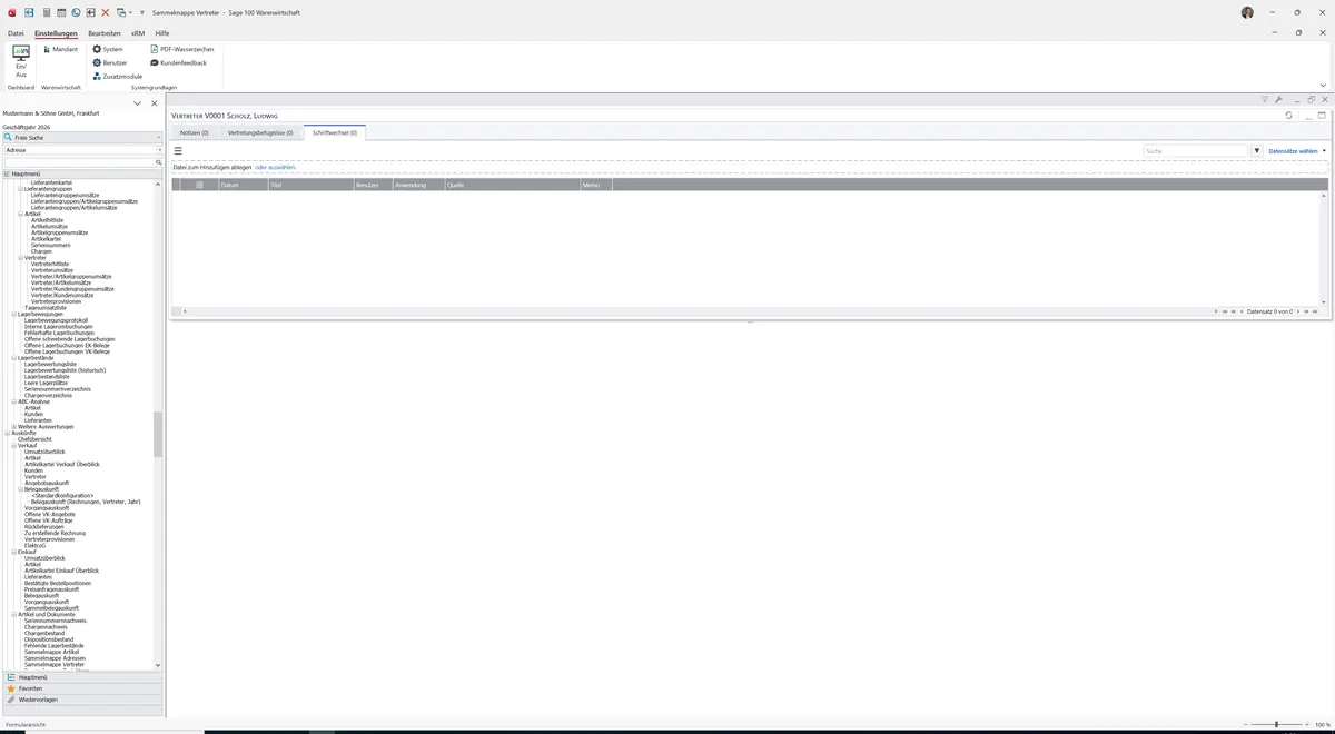 Sage 100 9.0.5.11 Sammelmappe Vertreter: Register Schriftwechsel