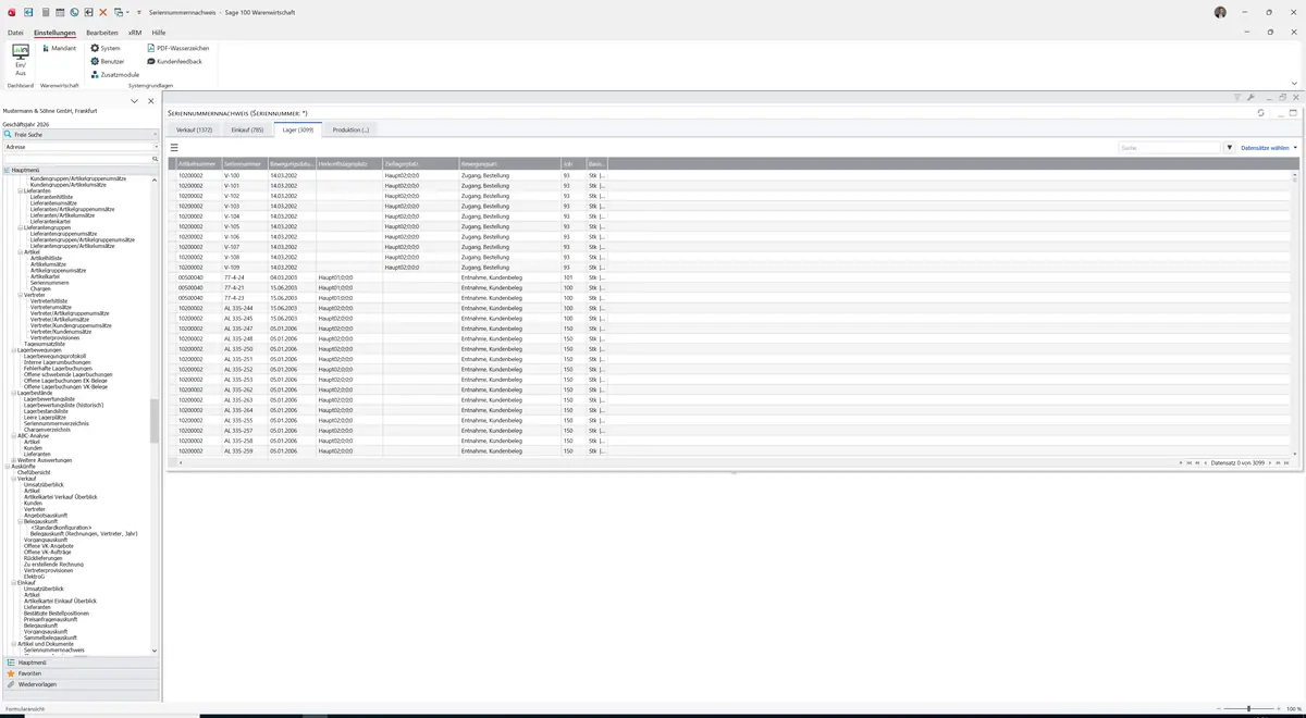 Sage 100 9.0.5.11 Seriennummernnachweis: Register Lager