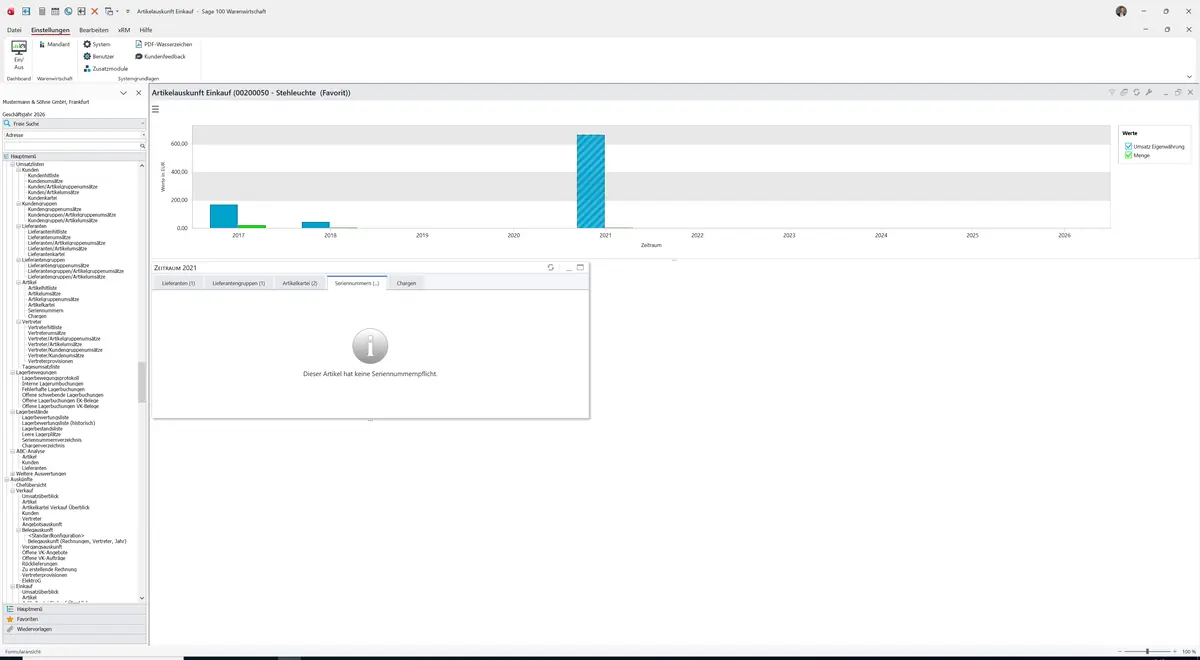 Sage 100 9.0.5.11 Artikelauskunft Einkauf: Register Seriennummern