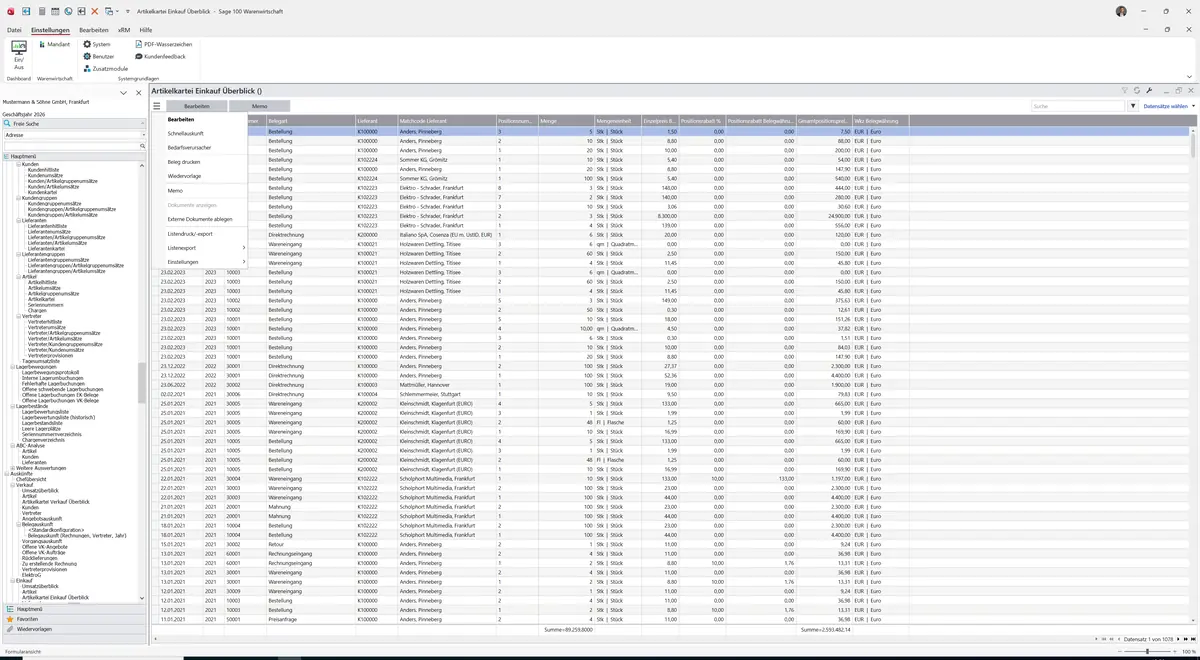 Sage 100 9.0.5.11 Artikelkartei Einkauf Überblick: Datenklassenmenü