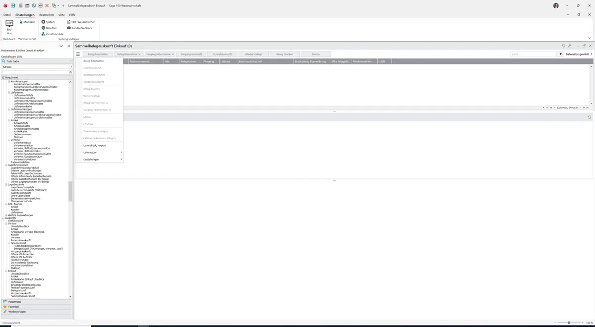 Sage 100 9.0.5.11 Sammelbelegauskunft Einkauf: Datenklassenmenü