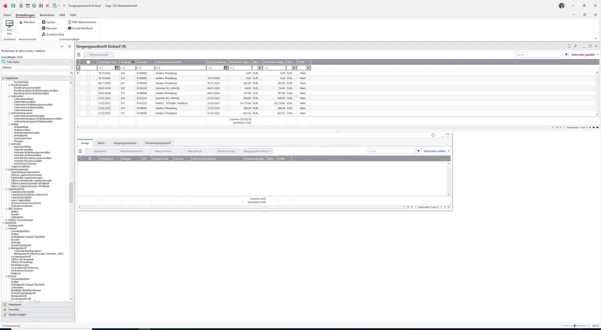 Sage 100 9.0.5.11 Vorgangsauskunft Einkauf: Register Belege