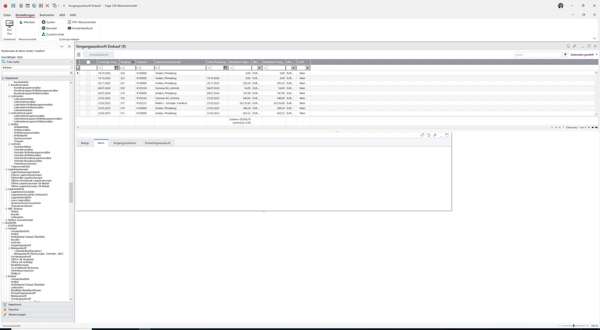 Sage 100 9.0.5.11 Vorgangsauskunft Einkauf: Register Werte