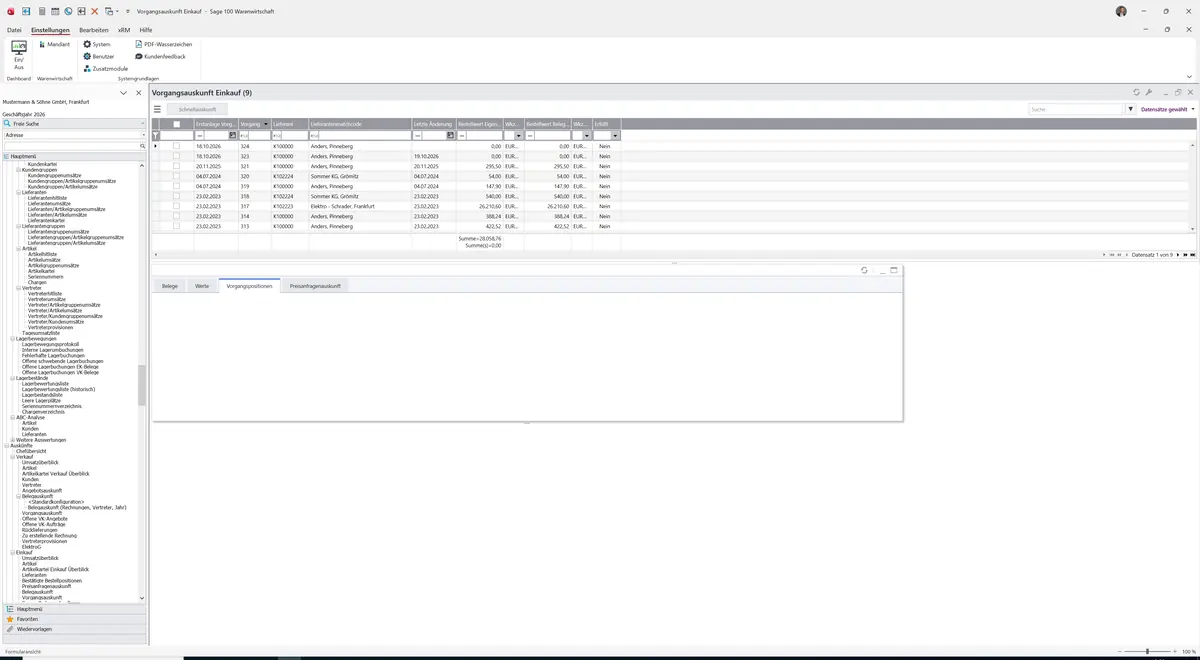 Sage 100 9.0.5.11 Vorgangsauskunft Einkauf: Register Vorgangspositionen