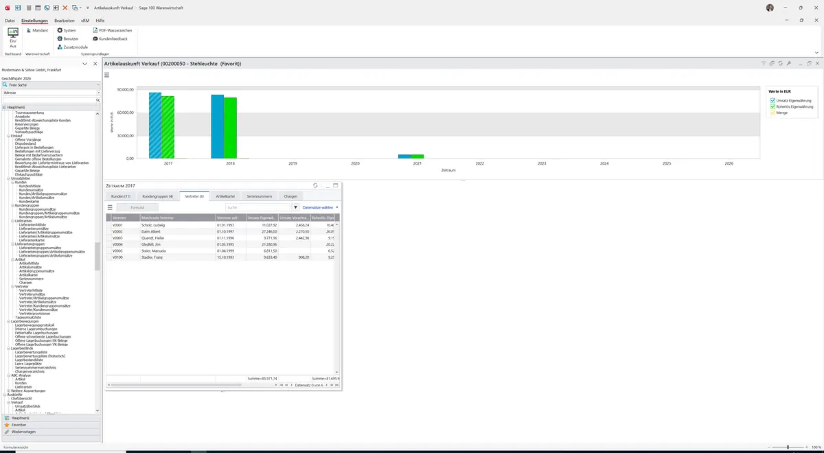 Sage 100 9.0.5.11 Artikelauskunft Verkauf: Register Vertreter