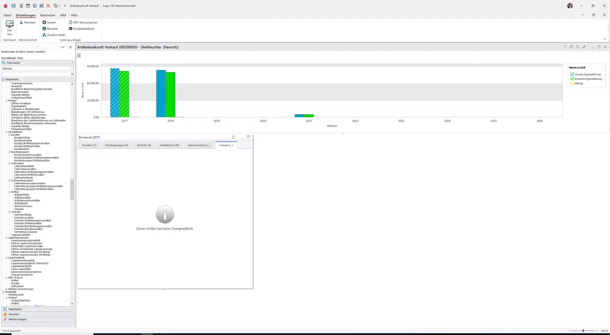 Sage 100 9.0.5.11 Artikelauskunft Verkauf: Register Chargen