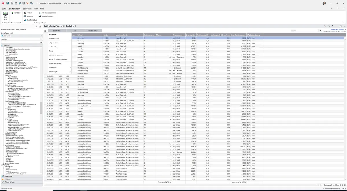 Sage 100 9.0.5.11 Artikelkartei Verkauf Überblick: Datenklassenmenü