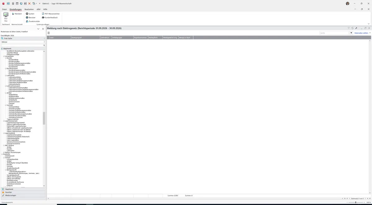 Sage 100 9.0.5.11 Meldung nach Elektrogesetz (ElektroG): Leere Ergebnisliste ElektroG