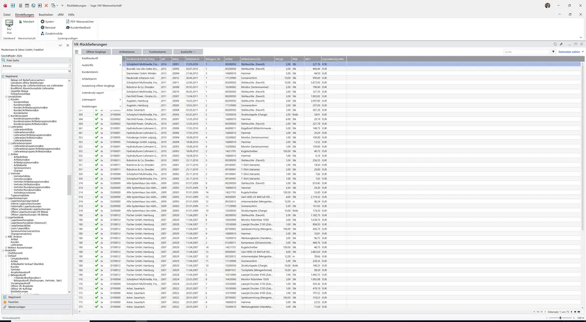 Sage 100 9.0.5.11 VK-Rücklieferungen: Datenklassenmenü