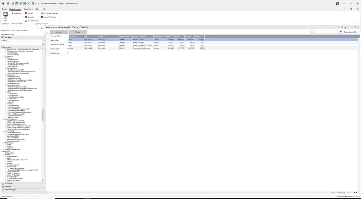 Sage 100 9.0.5.11 Vertreterprovisionen: Datenklassenmenü