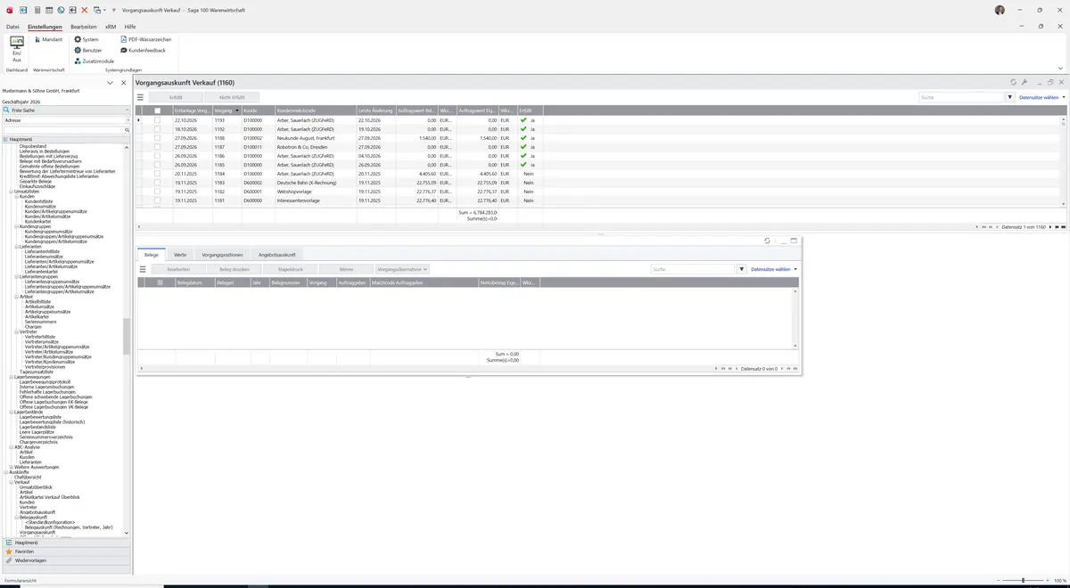 Sage 100 9.0.5.11 Vorgangsauskunft Verkauf: Register Belege