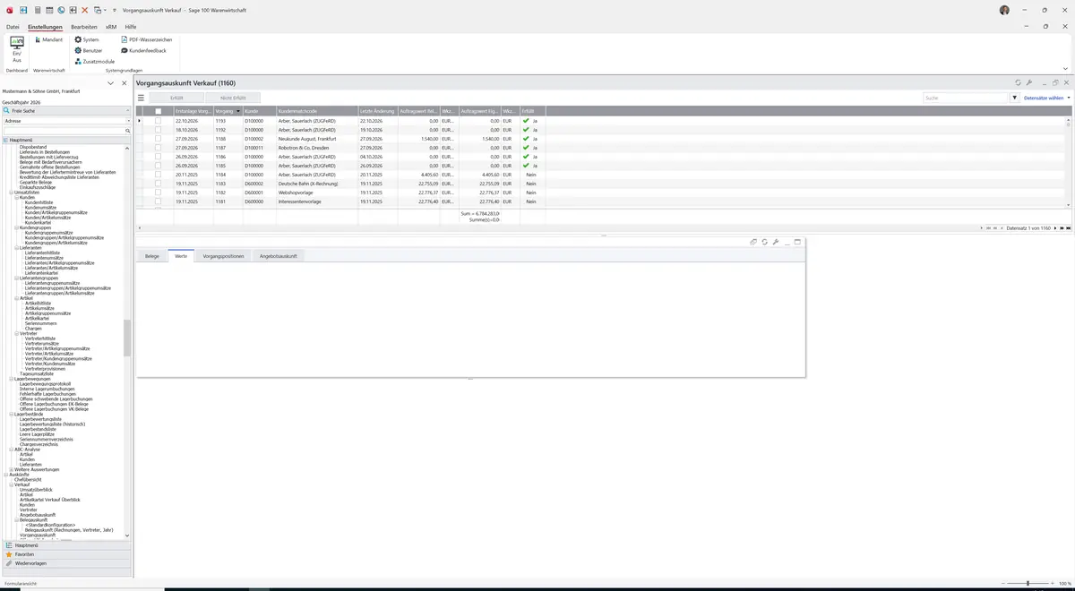 Sage 100 9.0.5.11 Vorgangsauskunft Verkauf: Register Werte