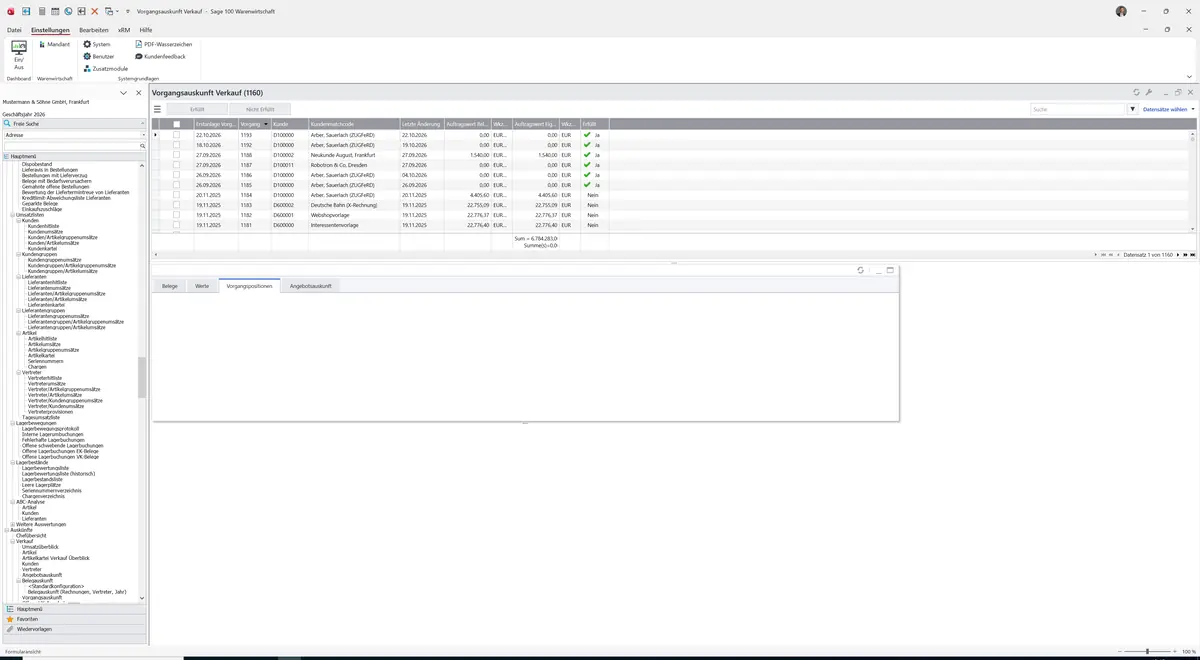 Sage 100 9.0.5.11 Vorgangsauskunft Verkauf: Register Vorgangspositionen