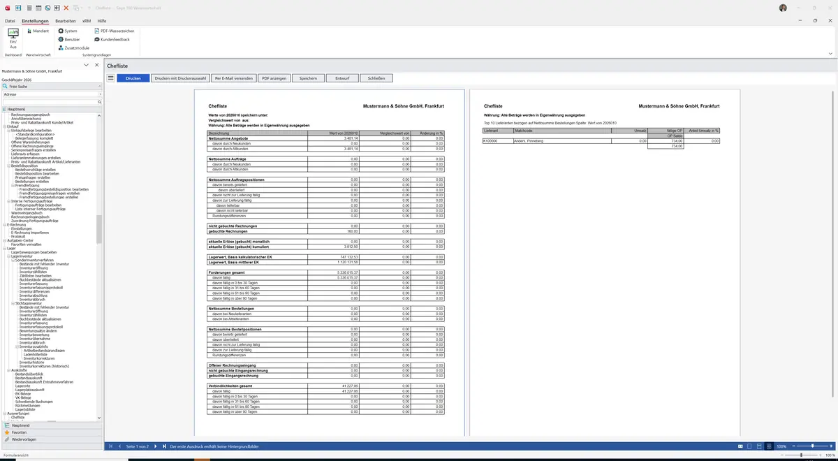 Sage 100 9.0.5.11 Chefliste: Bericht Vorschau