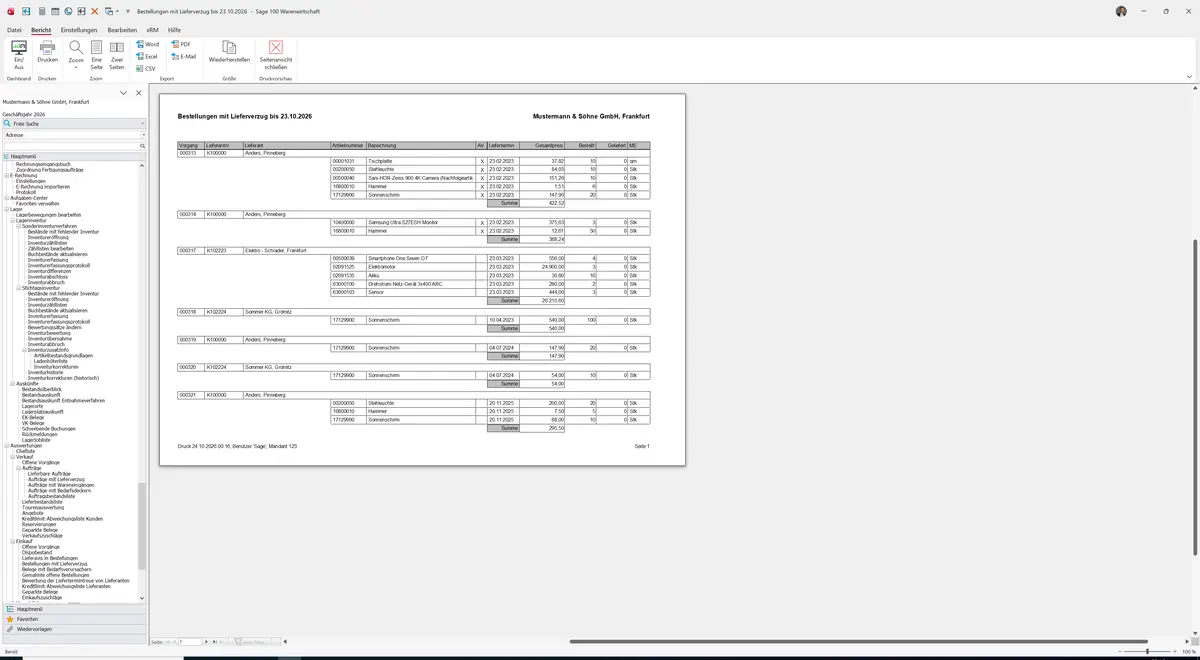 Sage 100 9.0.5.11 Bestellungen mit Lieferverzug: Bericht Vorschau