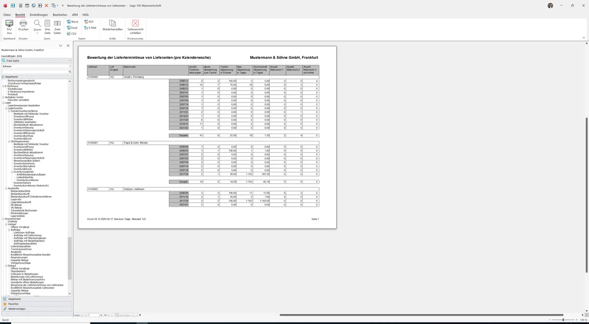 Sage 100 9.0.5.11 Liefertermintreue von Lieferanten: Bericht Vorschau