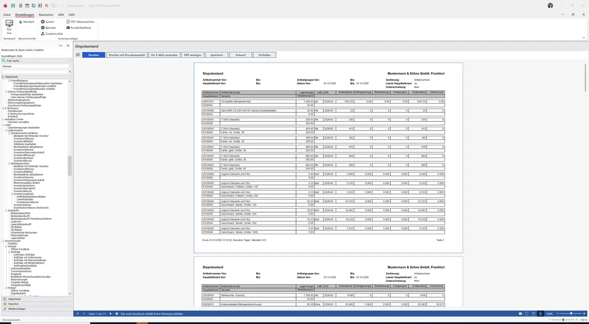 Sage 100 9.0.5.11 Dispobestand: Bericht Vorschau
