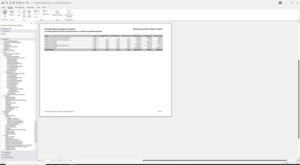 Sage 100 9.0.5.11 Kreditlimit-Abweichungsliste Lieferanten: Bericht Vorschau