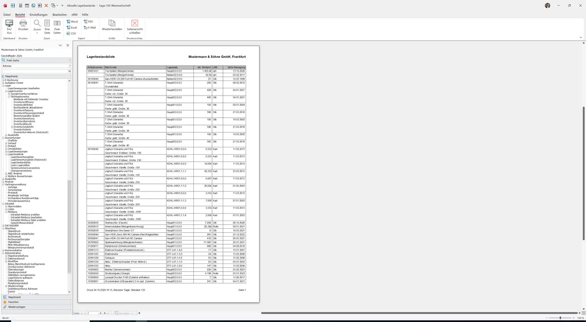 Sage 100 9.0.5.11 Lagerbestandsliste: Bericht Vorschau