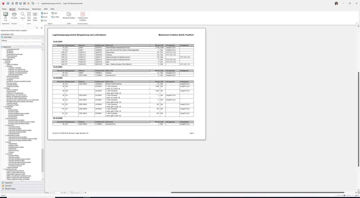 Sage 100 9.0.5.11 Lagerbewegungsprotokoll: Bericht Vorschau