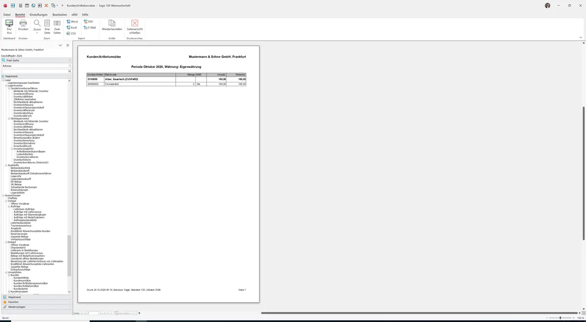 Sage 100 9.0.5.11 Kunden/Artikelumsätze: Bericht Vorschau