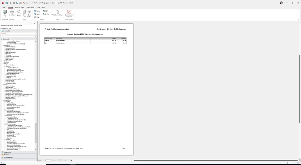 Sage 100 9.0.5.11 Vertreter/Artikelgruppenumsätze: Bericht Vorschau