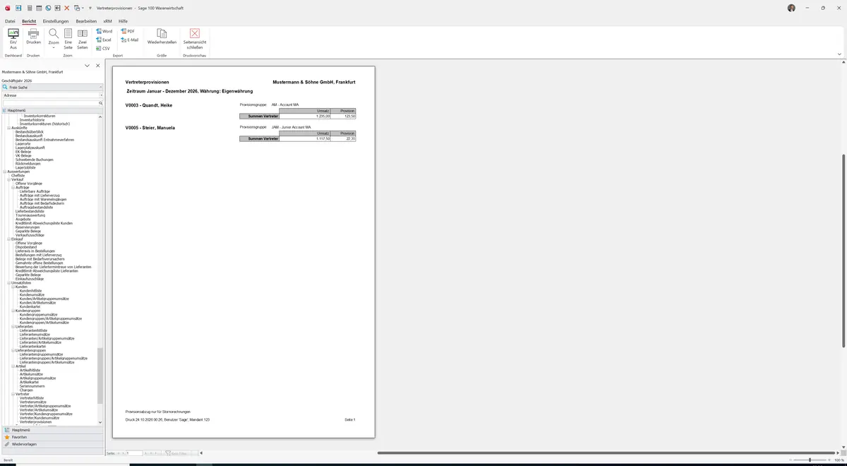 Sage 100 9.0.5.11 Vertreterprovisionen: Bericht Vorschau