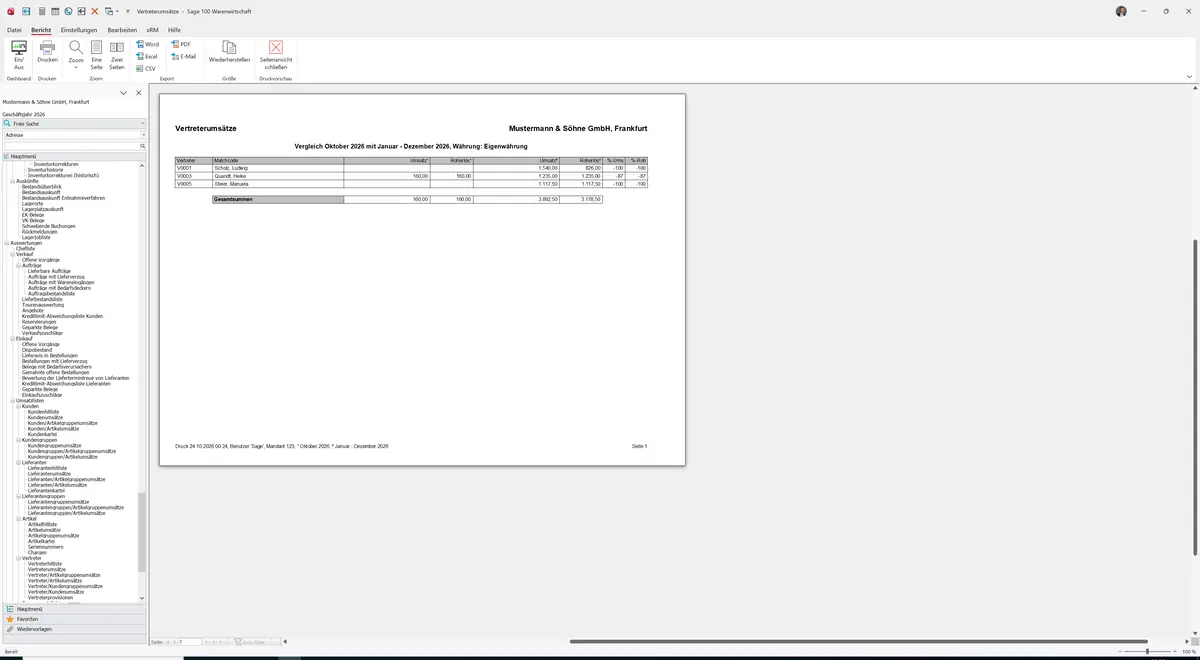 Sage 100 9.0.5.11 Vertreterumsätze: Bericht Vorschau