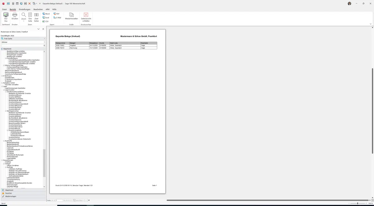 Sage 100 9.0.5.11 Geparkte Belege (Verkauf): Bericht Vorschau