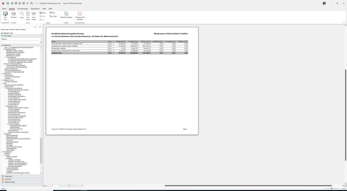 Sage 100 9.0.5.11 Kreditlimit-Abweichungsliste Kunden: Bericht Vorschau