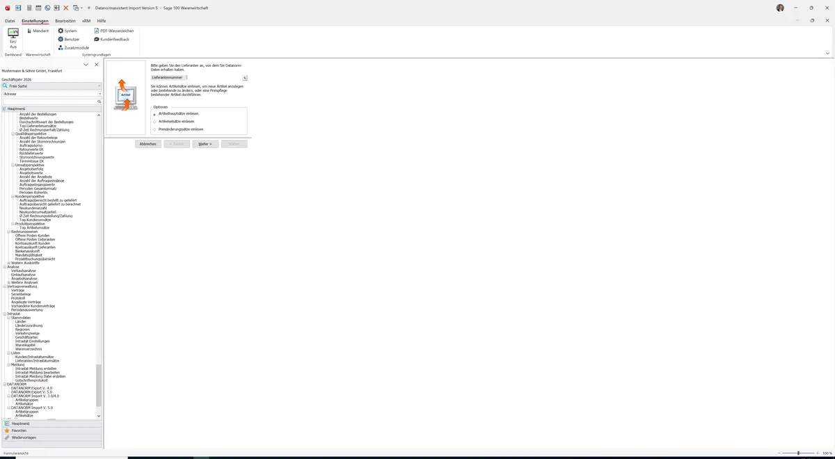 Sage 100 9.0.5.11 Datanormassistent Import Version 5 (Artikelsätze): Maske Datanormassistent Import Version 5