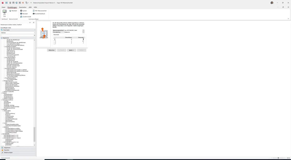 Sage 100 9.0.5.11 Datanormassistent Import Version 5 (Artikelsätze): Assistent: Steuersätze