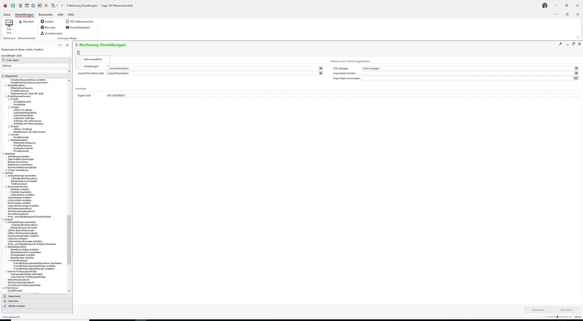 Sage 100 9.0.5.11 E-Rechnung Einstellungen: Datenklassenmenü