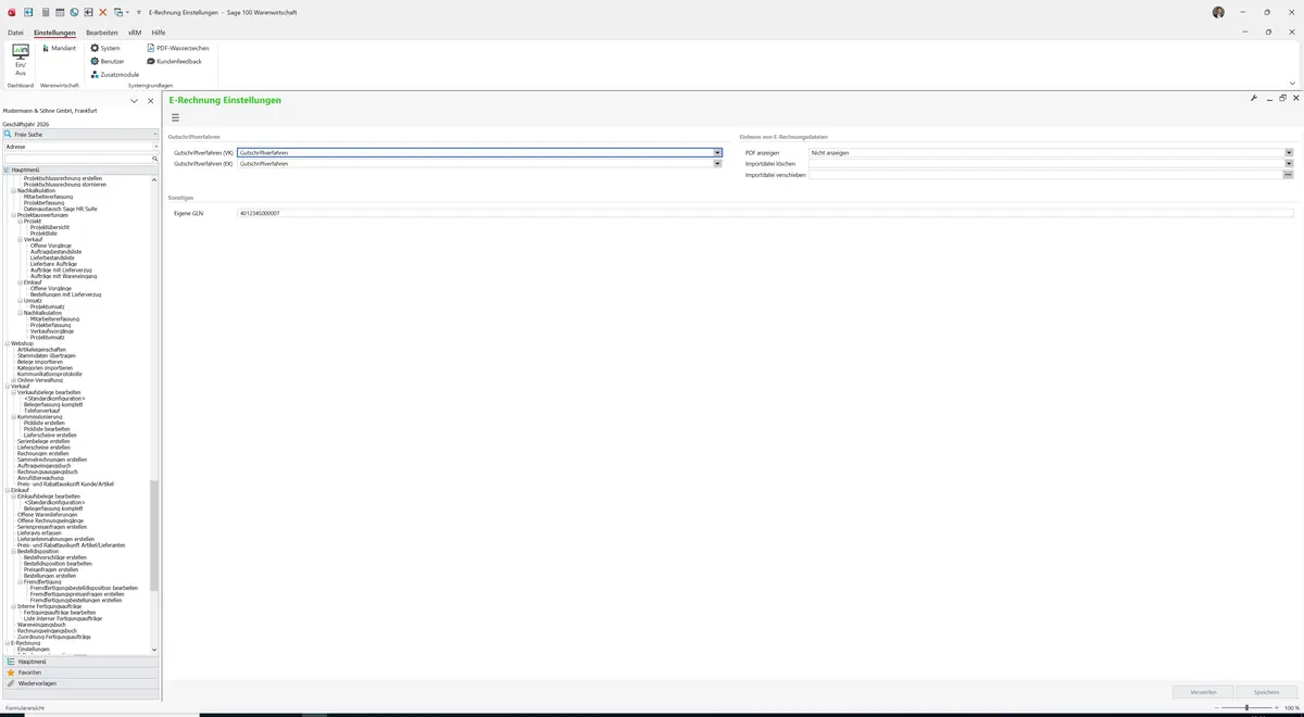 Sage 100 9.0.5.11 E-Rechnung Einstellungen: Maske ohne Register