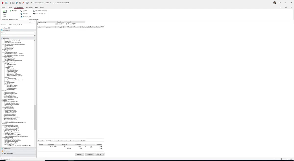 Sage 100 9.0.5.11 Fremdfertigungsbestelldisposition bearbeiten: Register Lieferant