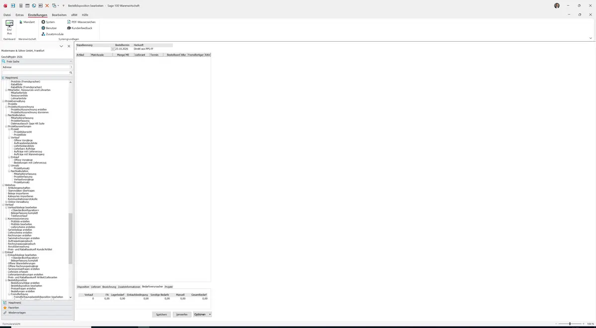 Sage 100 9.0.5.11 Fremdfertigungsbestelldisposition bearbeiten: Register Bedarfsverursacher