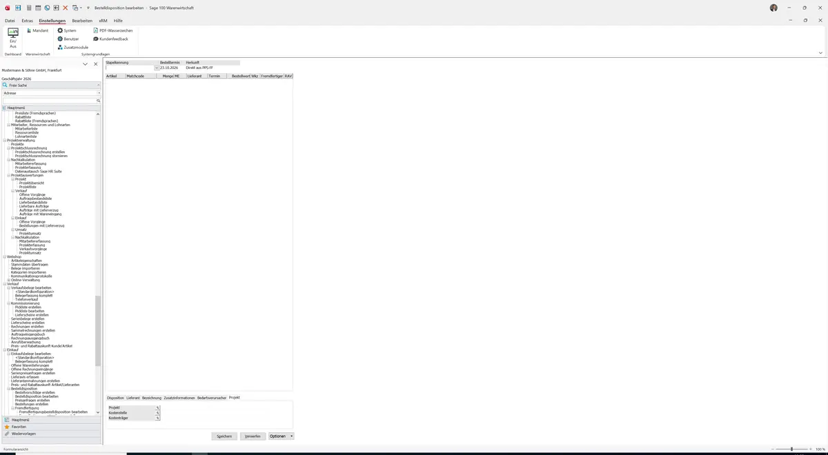 Sage 100 9.0.5.11 Fremdfertigungsbestelldisposition bearbeiten: Register Projekt