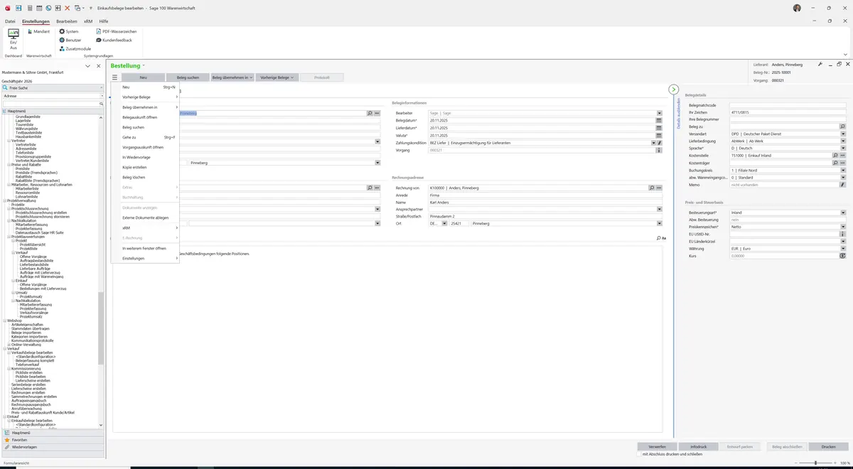 Sage 100 9.0.5.11 Einkaufsbelege bearbeiten (Standardkonfiguration): Datenklassenmenü